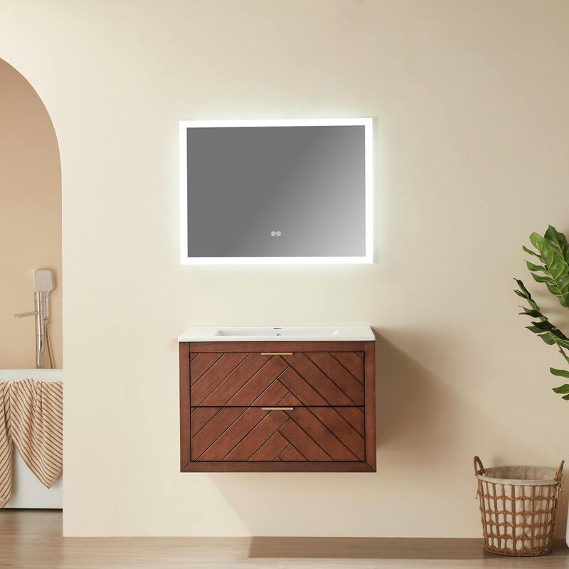 Modland 30" Wall Mount Bathroom Vanity with Ceramic Sink - 2 Soft-Close Drawers, Black/Walnut - 30 inch