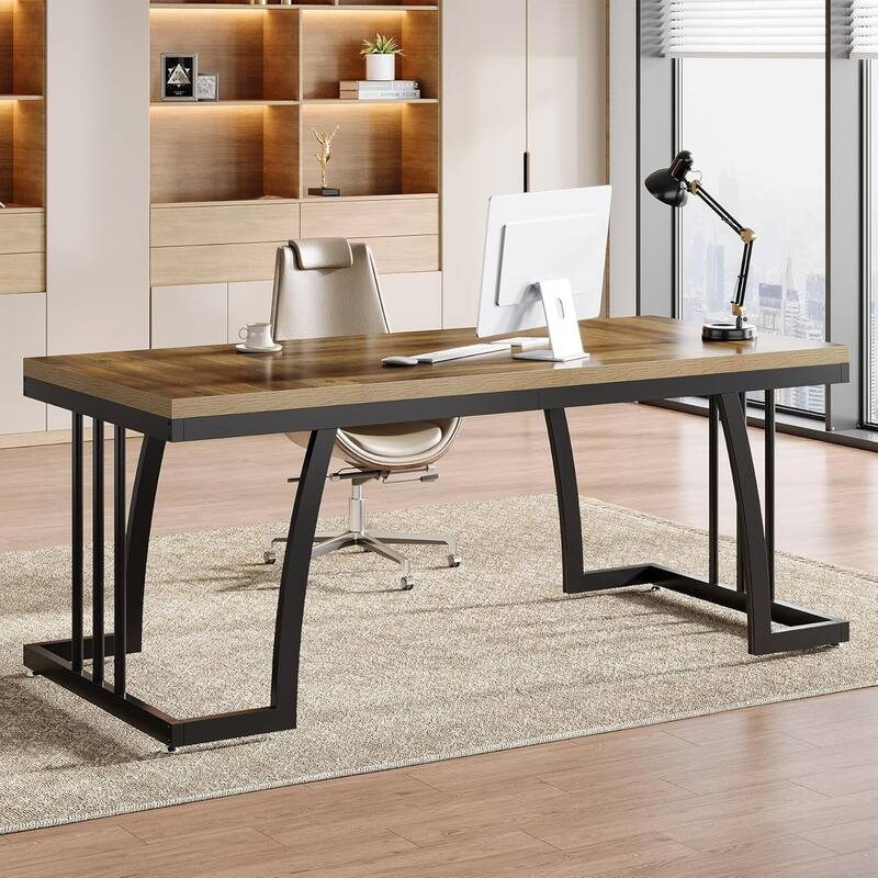63" Executive Desk with Sturdy Metal Frame, Modern Simple Writing Study Table for Home Office