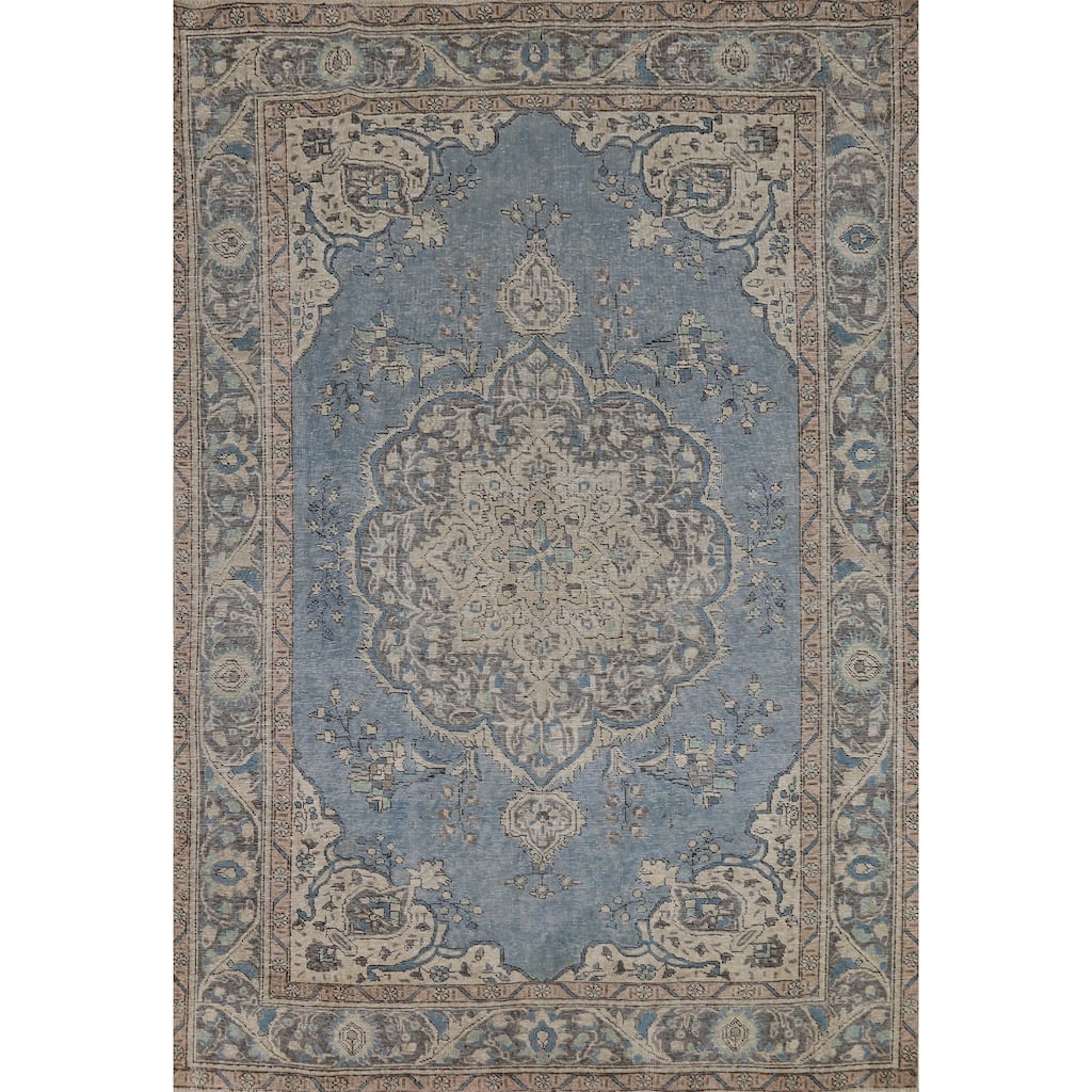 Blue Tabriz Persian Area Rug Handmade Traditional Floral Wool Carpet - 6'7"x 9'6"