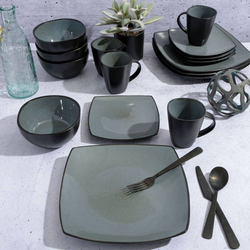 Gibson Soho Lounge Square 16-Piece Reactive Glaze Stoneware Dinnerware Set - Grey