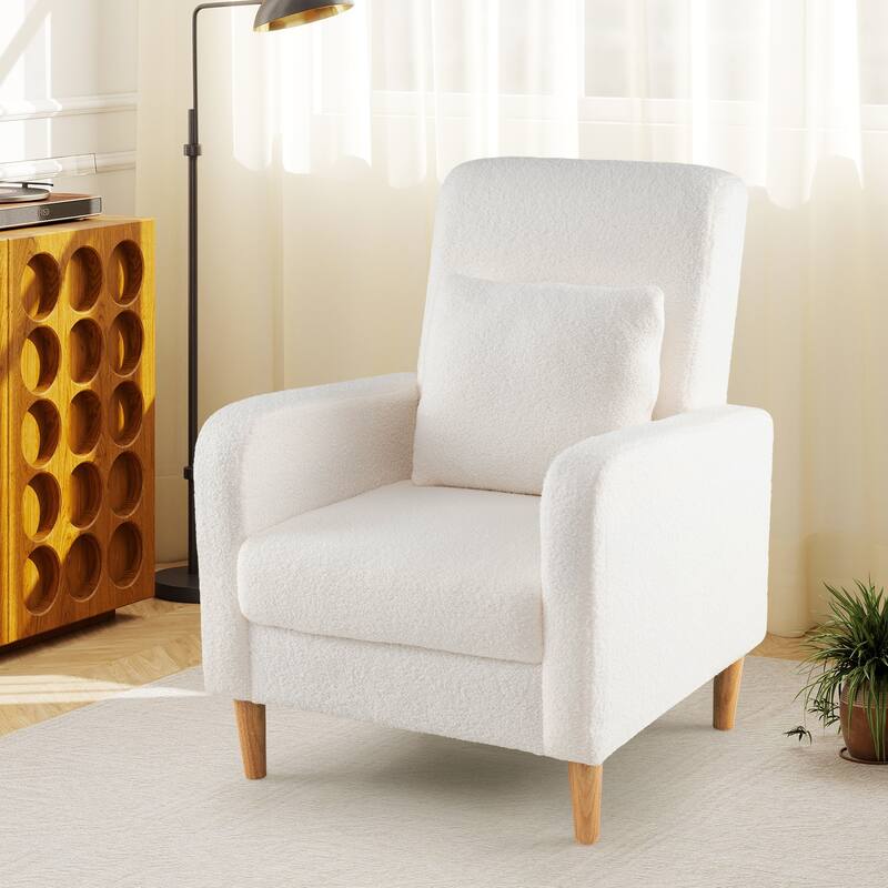 White Teddy Fleece Accent Chair with Lumbar Pillow and Wood Legs - 27.5" × 30" × 36.5"