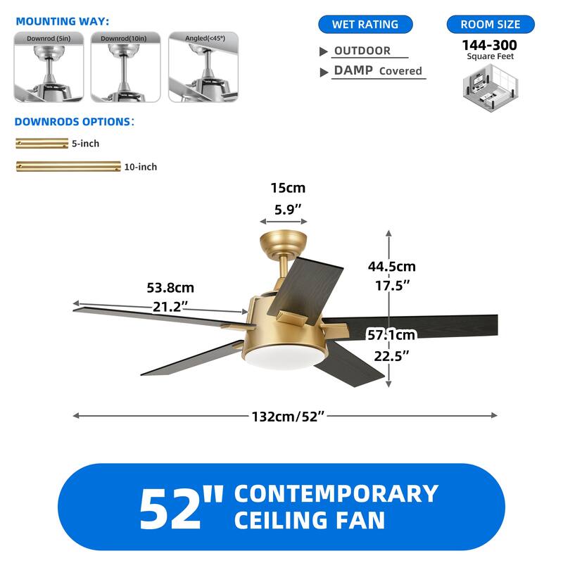 52 Inch Modern Ceiling Fan With Light And Wall Switch Remote