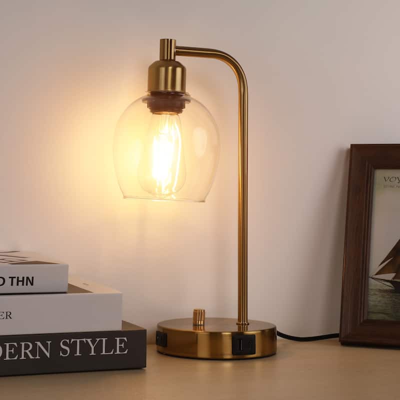 14.5 in. Industrial Table Lamp with Glass Shade with USB Port and Outlet