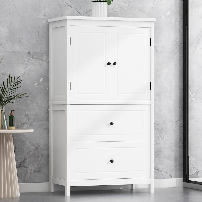 Freestanding Cabinet Floor Storage Cabinet with 2 Doors, Drawers and Adjustable Shelf for Bathroom Kitchen Office Living Room - White