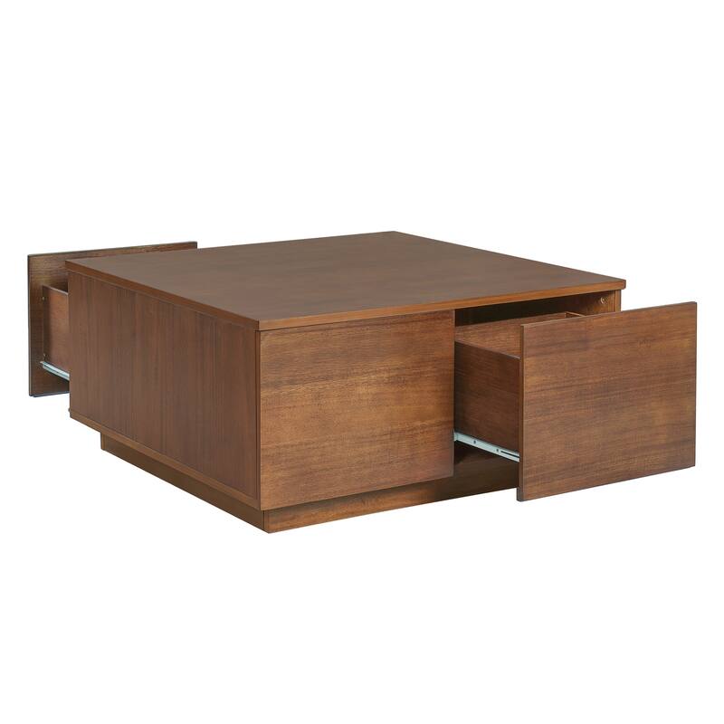 Roomfitters Square Coffee Table, Modern Wood Center Table with 4 Storage Compartments for Living Room