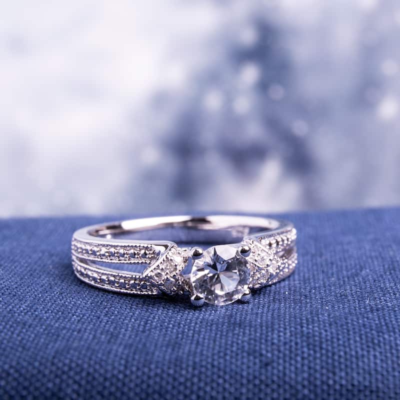 Miadora Sterling Silver Created White Sapphire and Diamond Accent Split Shank Engagement Ring