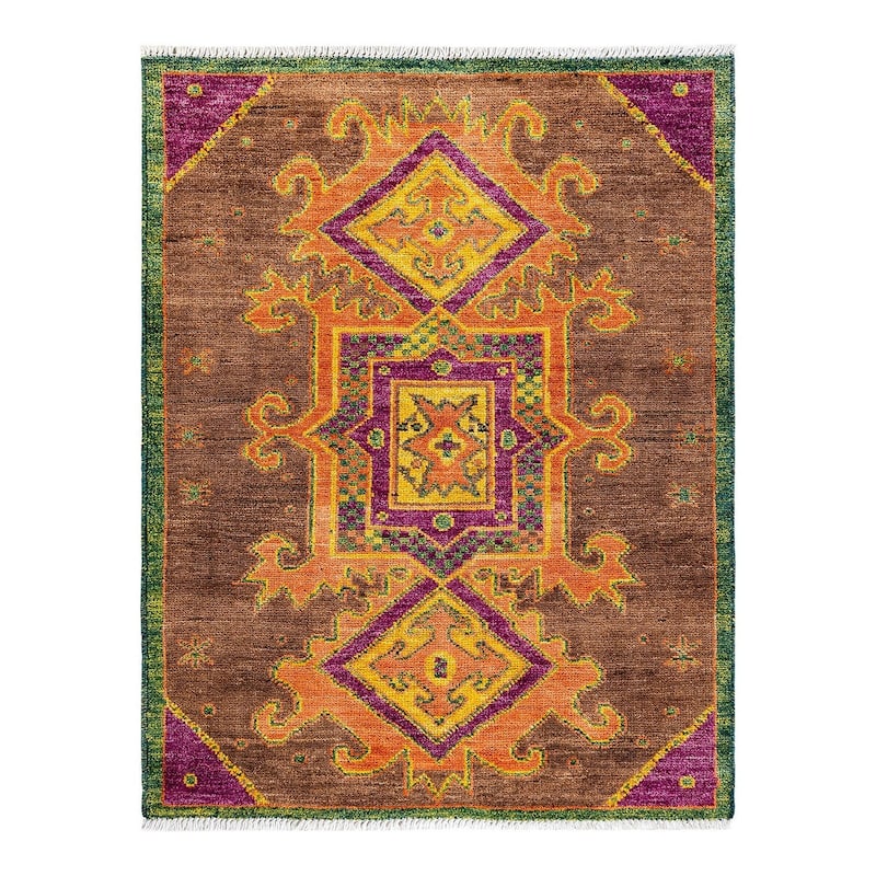Overton Hand Knotted Wool Vintage Inspired Modern Contemporary Modern Brown Area Rug - 4' 2" x 6' 4"