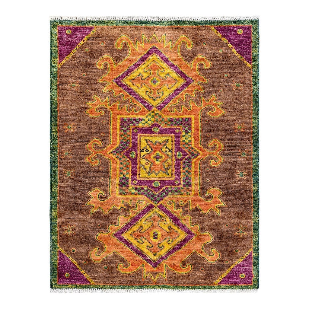 Overton Hand Knotted Wool Vintage Inspired Modern Contemporary Modern Brown Area Rug - 4' 2" x 6' 4"
