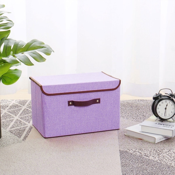 Foldable Fabric Storage Bin Box Cube Organizer with Lid & Faux Leather Handles