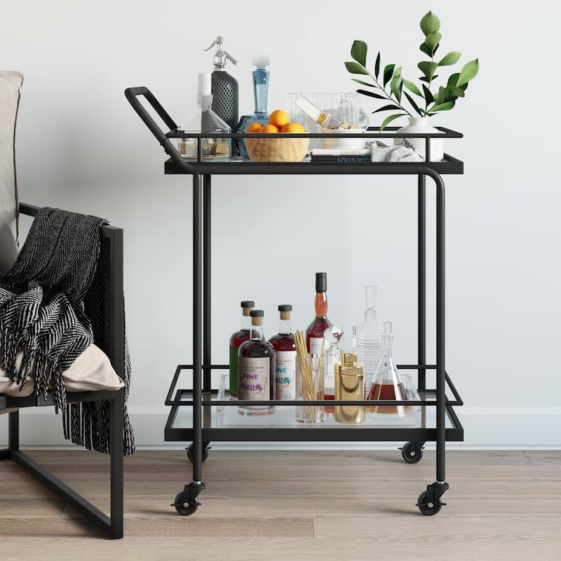 Nathan James Sally 2-Tiered Metal Frame Glass Rolling Bar Cart and Tea or Cocktail Cart - Black