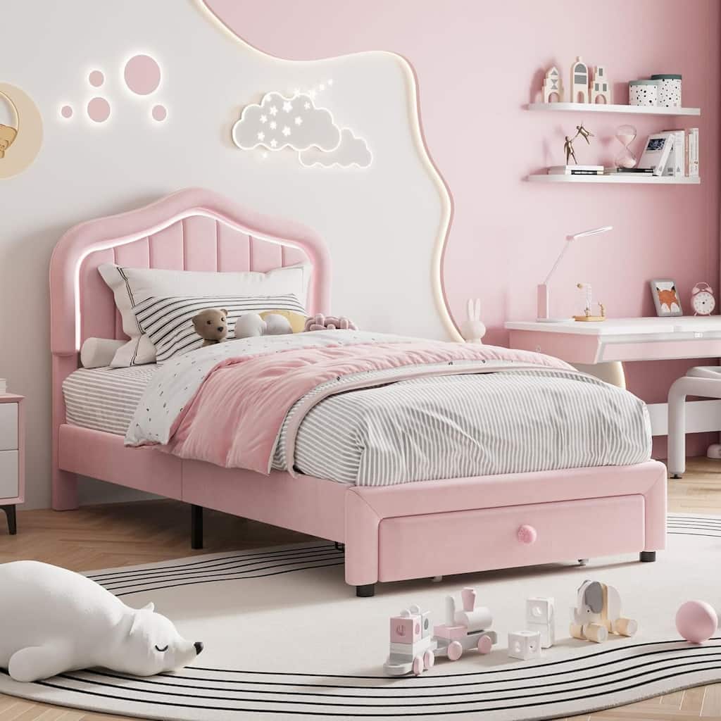 Twin Upholstered Platform Bed Frame with LED Lights & Storage Drawer, Easy Assembly