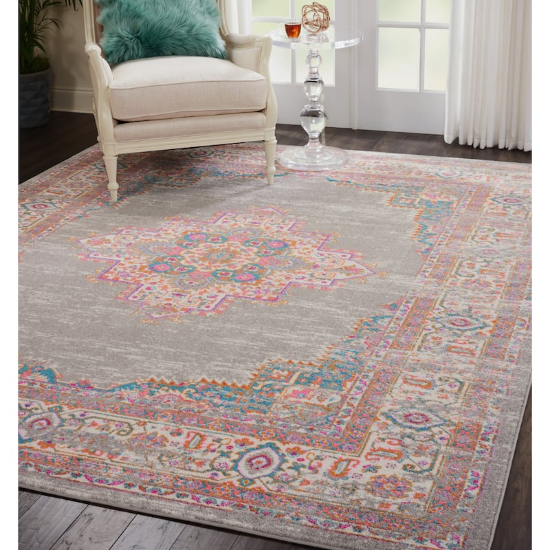 Porch & Den Dobbin Vintage Persian Medallion Farmhouse Area Rug - 9' x 12' - Grey/Pink