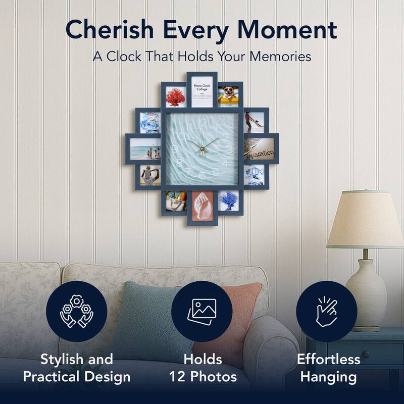 American Art Decor Picture Frame Collage Wall Clock 12 Photo Display Slots