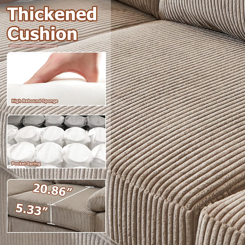 HOOOWOOO Living Room Wide Armrest Corduroy Fabric Chaise Reversible Sofa with Ottoman