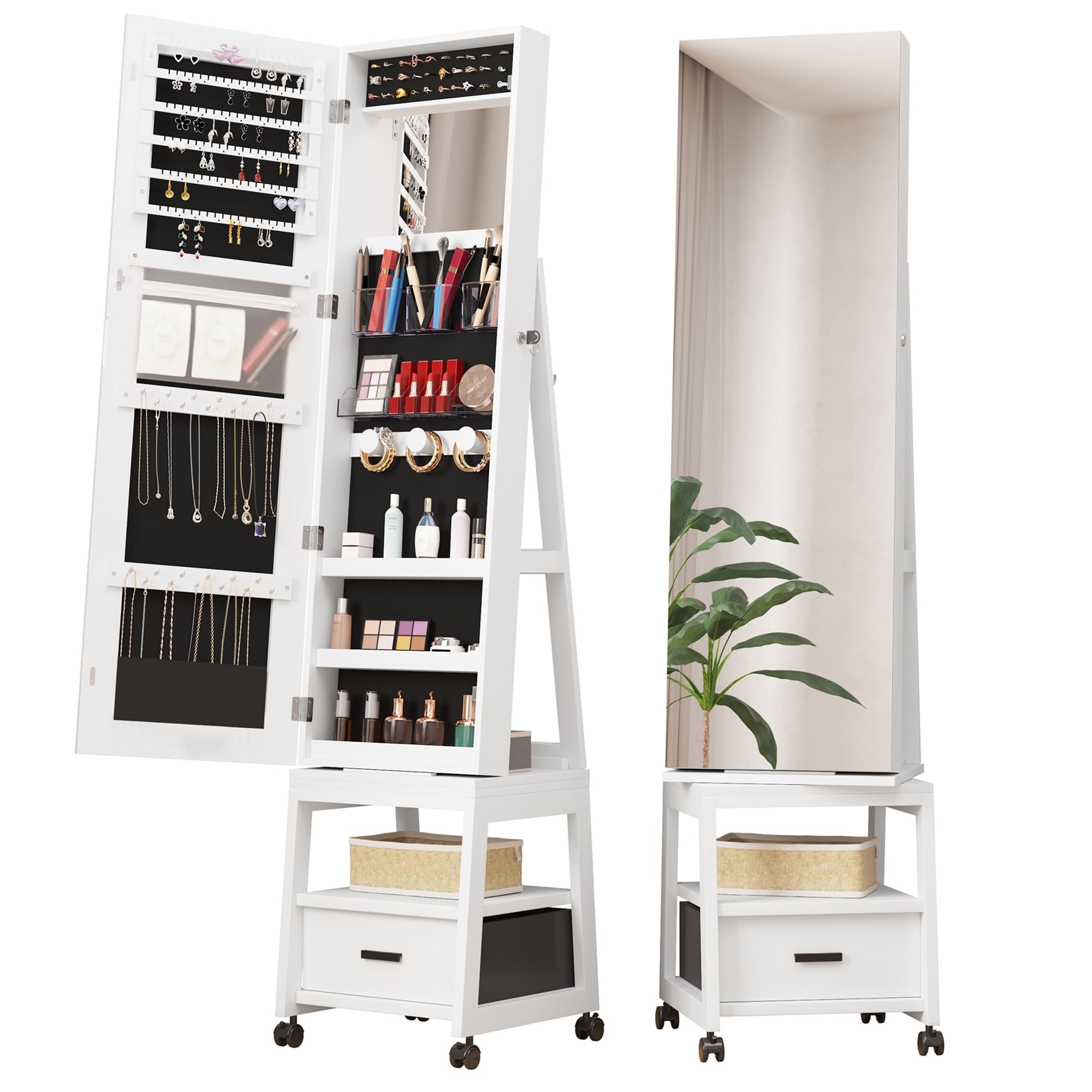360° Swivel Jewelry Cabinet, Lockable Standing Jewelry Organizer With Full-Length Mirror