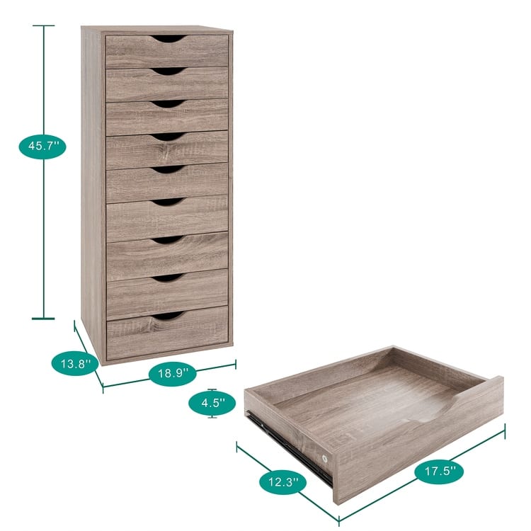 Narrow Wooden 9-Drawer Cabinet with Smooth-Glide Drawers and Top Storage Shelf