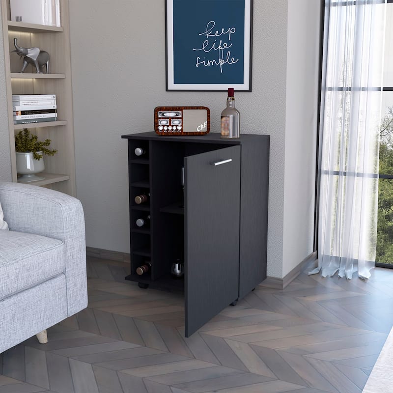 Modern Black Bar Cart with Wine Rack, Cabinet Storage, and Wheels Holds 6 Bottles - 25.8" x 14.7" x 32.3"