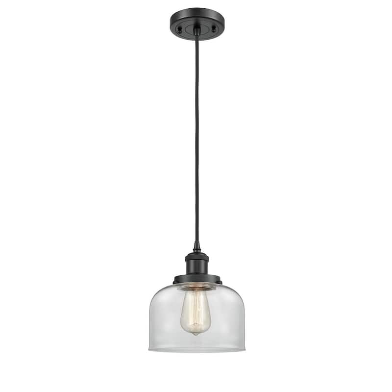 Innovations Lighting Large Bell 8" Wide Mini Pendant - Cord Hung - Matte Black / Clear