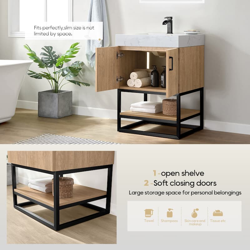 Alistair Single Bath Vanity with White Grain Stone Top without Mirror