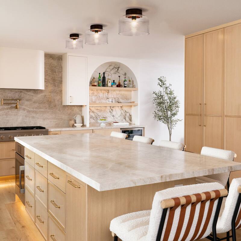 1-Light Wood Flush Mount Ceiling Light with Clear Textured Glass Shade - Dia.11.81-in