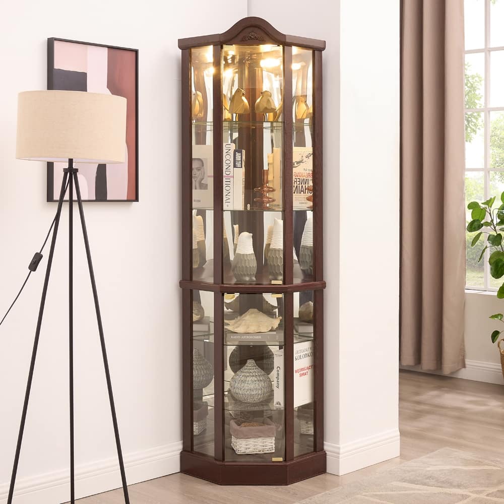 Glass Cabinet Lighted Corner Cabinet Corner Display Curio Cabinet, Glass Display With Light Bar Cabinet, Wine Cabinet
