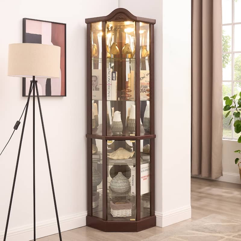 Glass Cabinet Lighted Corner Cabinet Corner Display Curio Cabinet, Glass Display With Light Bar Cabinet, Wine Cabinet - Cherry