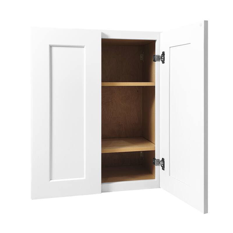 24 Inch White Shaker Double Door Wall Cabinet Solid Wood with 3 adjustable shelves Ready to Assemble for Kitchen Storage