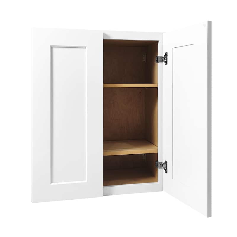 27 Inch White Shaker Double Door Wall Cabinet Solid Wood with 3 adjustable shelves Ready to Assemble for Kitchen