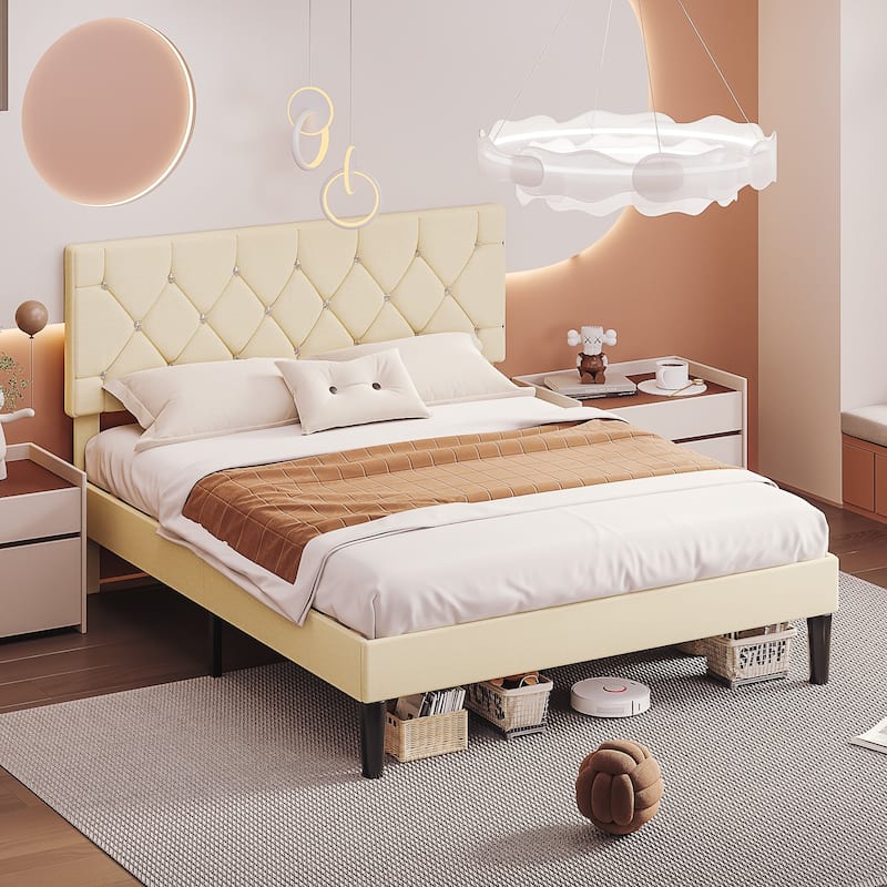 Javlergo Upholstered Beds With Diamond Tufted Headboard, Platform Bed Frame, - Beige - Queen