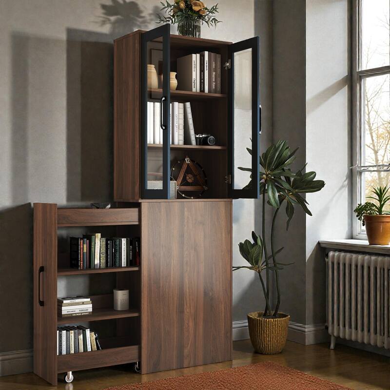 70.87" Tall Display Storage Cabinet with 4-Tier Pull-Out Shelf & Glass Doors, Modern Wooden Kitchen Pantry for Home