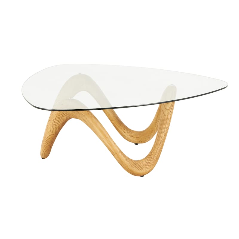 Polystone Abstract Wood Grain Inspired Wavy Accent Table with Glass Tabletop - Light Brown or Beige - Roche River Decor