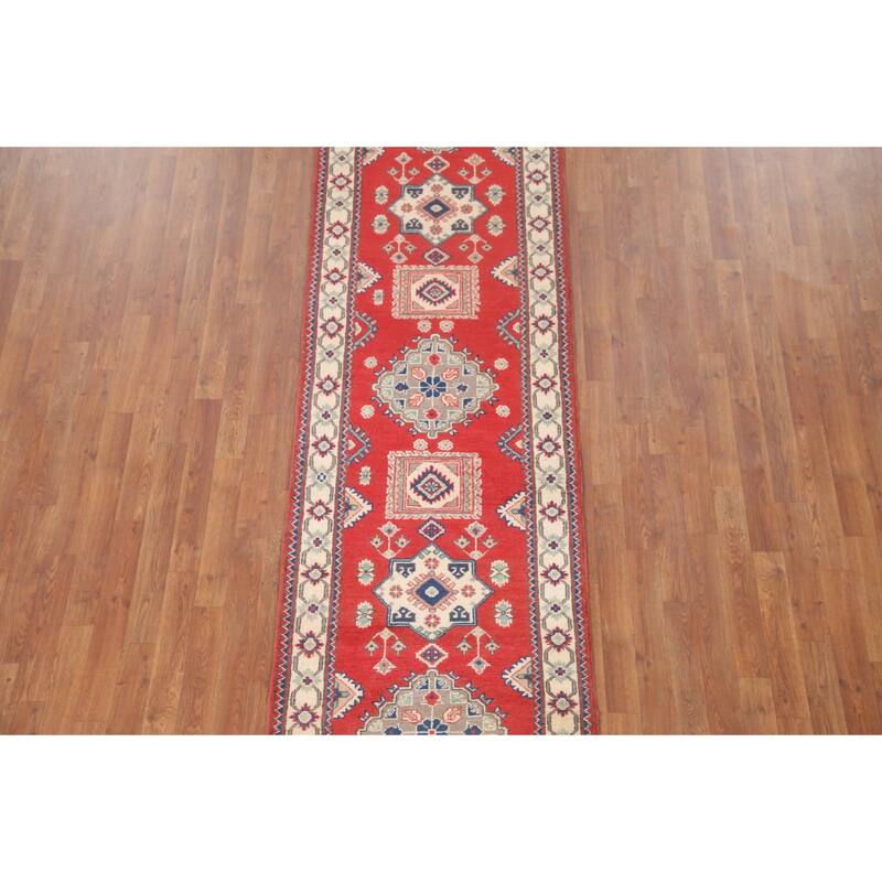 Hand Knotted Oriental 100% Wool Carpet Traditional Geometric Red Kazak Runner Rug - 9' 3'' X 2' 9''