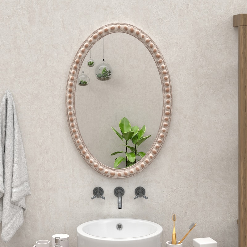 COZAYH Distressed Wood Frame Accent Mirror, Rustic Farmhouse Style Decorative Wall Mirror - Oval - Light Brown