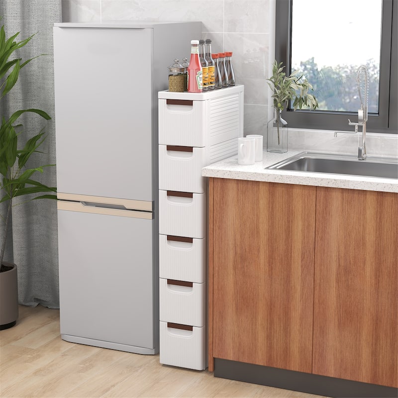 Gymax 6-Drawer Narrow Rolling Storage Cabinet w/ Pull Handles Built-in