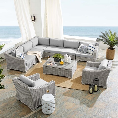 Conway Sunbrella® Outdoor Patio Wicker Rattan 9-Piece Sectional Sofa Furniture Set