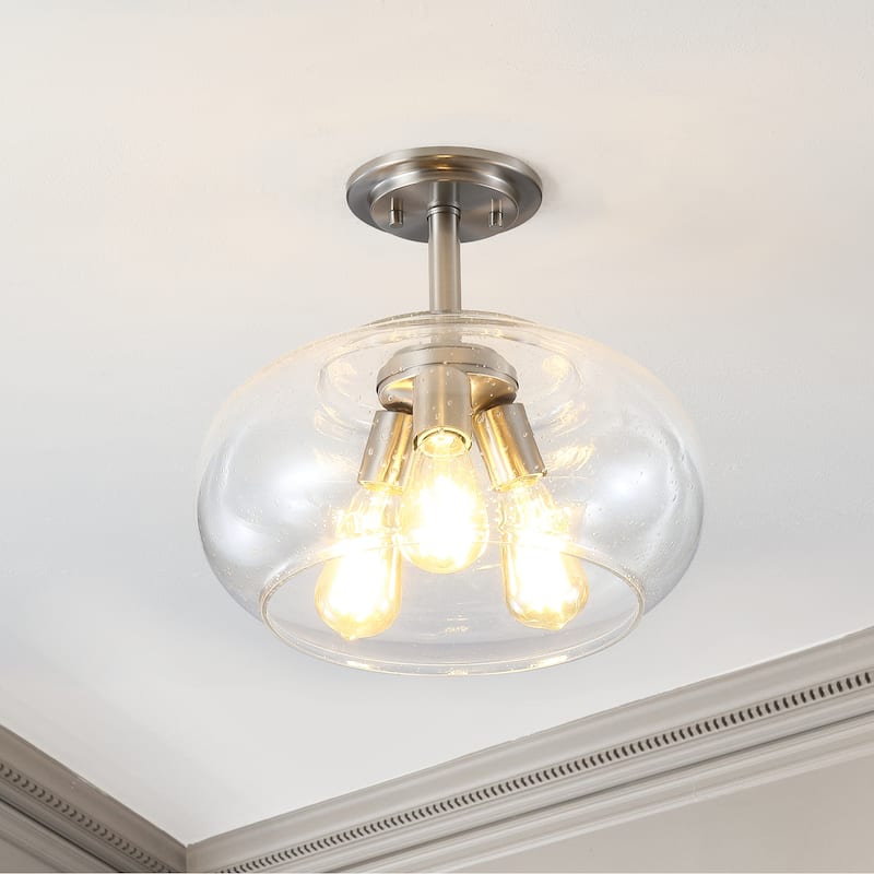 Marlowe 13.75" 3-Light Modern Industrial Iron/Seeded Glass LED Semi Flush Mount, Nickel/Clear by JONATHAN Y