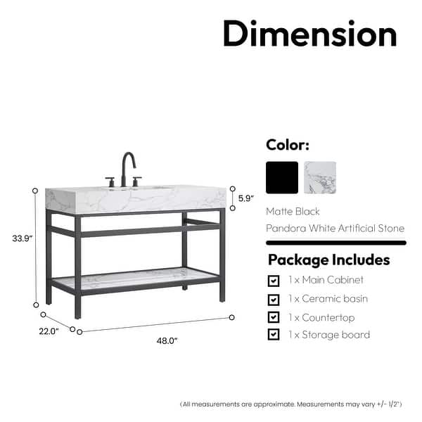 dimension image slide 10 of 13, Ecija Bath Vanity, Metal Support with Composite Stone Top, no Mirror