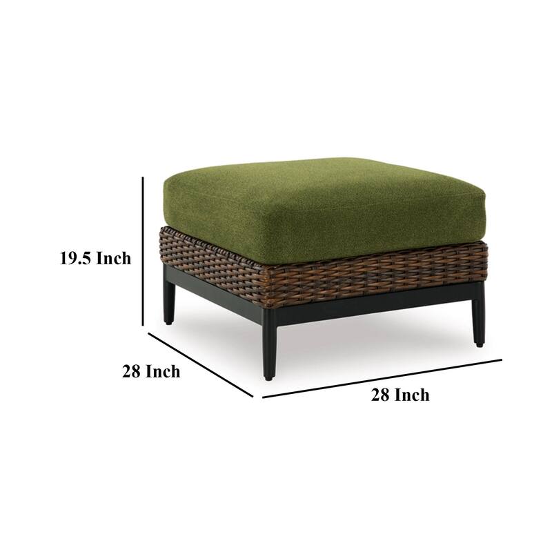 Izon Outdoor Ottoman, Brown Woven Wicker, Green Polyester, 28 Inch