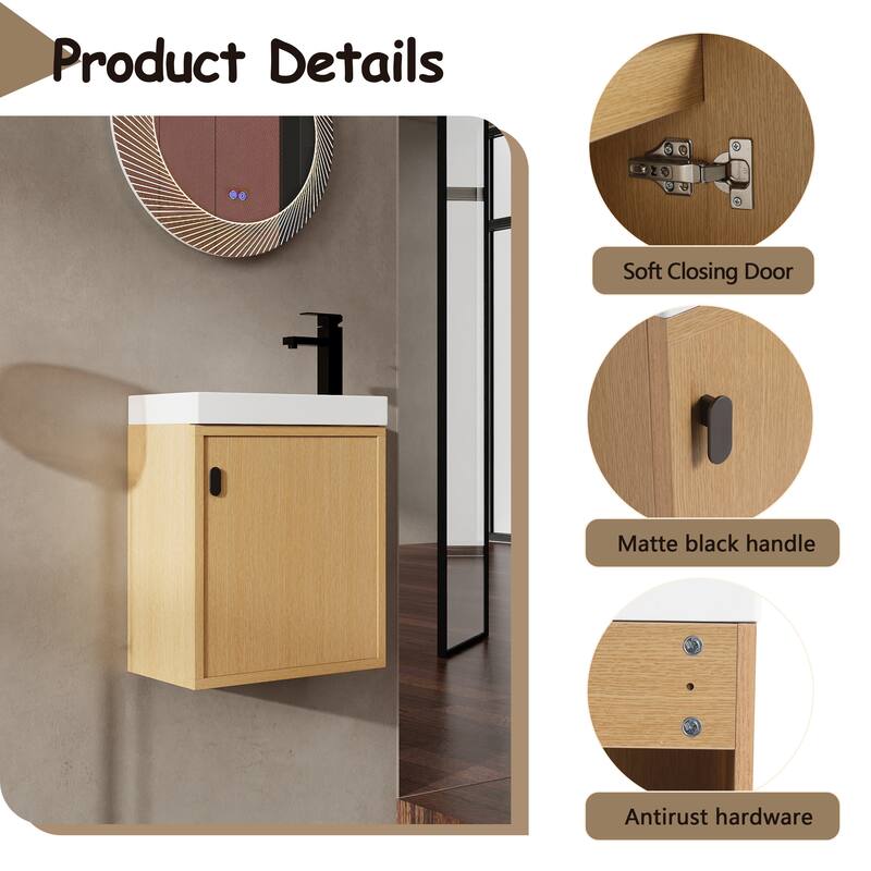 GDFStudio - Helsinki 18.5" Modern Wall-Mounted Bathroom Vanity Set with Resin Sink, Soft Closing Door & Antirust Hardware