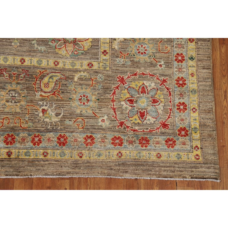 Hand Knotted Oriental 100% Wool Carpet Transitional All-Over Brown Oushak Area Rug - 9' 1'' X 6' 6''