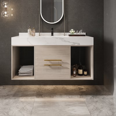 39.4 ''Floating Bathroom Vanity with Ceramic sink,Wall Mounted Vanity 2 Soft Close Drawer and white slate top