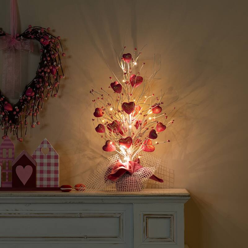 Glitzhome LED Lighted Valentine's Pink Berry Heart Table Tree