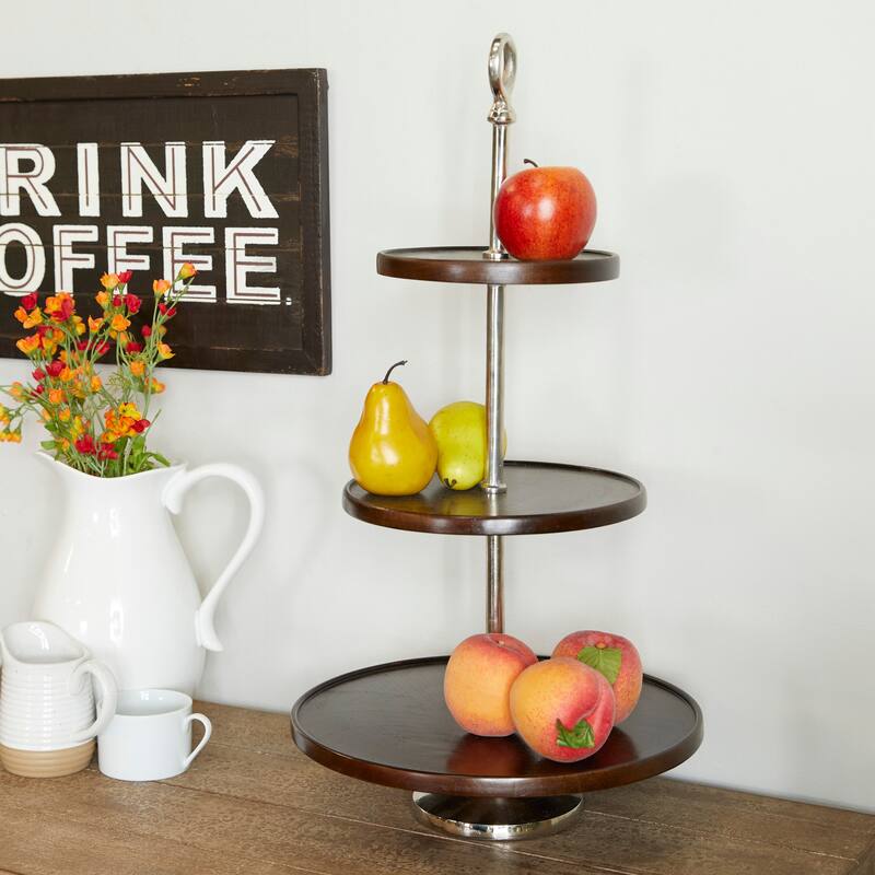 Dark Brown Mango Wood Tiered Server with Aluminum Bases or Gold Stand - 2 Tier or 3 Tier - Dark Brown & Silver - 3 Levels
