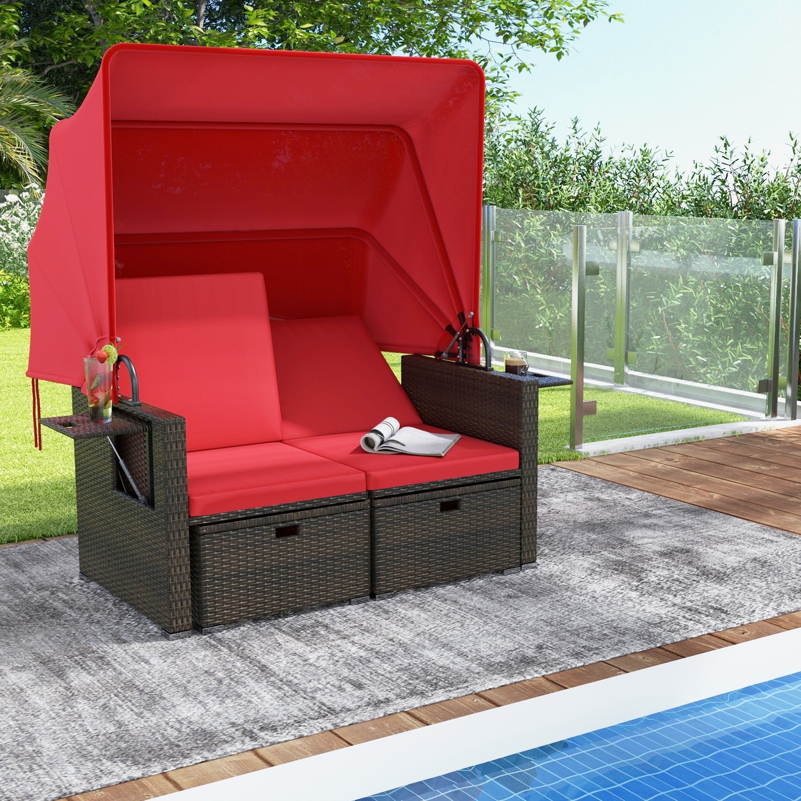 Rattan Outdoor Daybed with Canopy and Adjustable Backrests for Patio 67 L x 49 W x 65 H Red