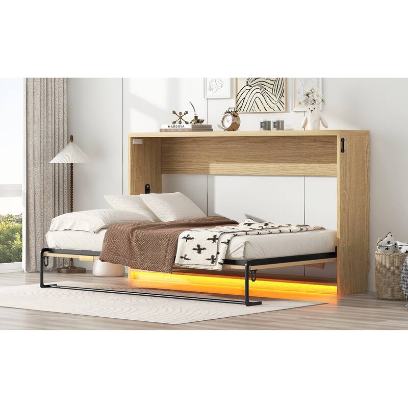 Twin XL Size Murphy Bed with Bottom LED Light, Foldable into Cabinet, Natural