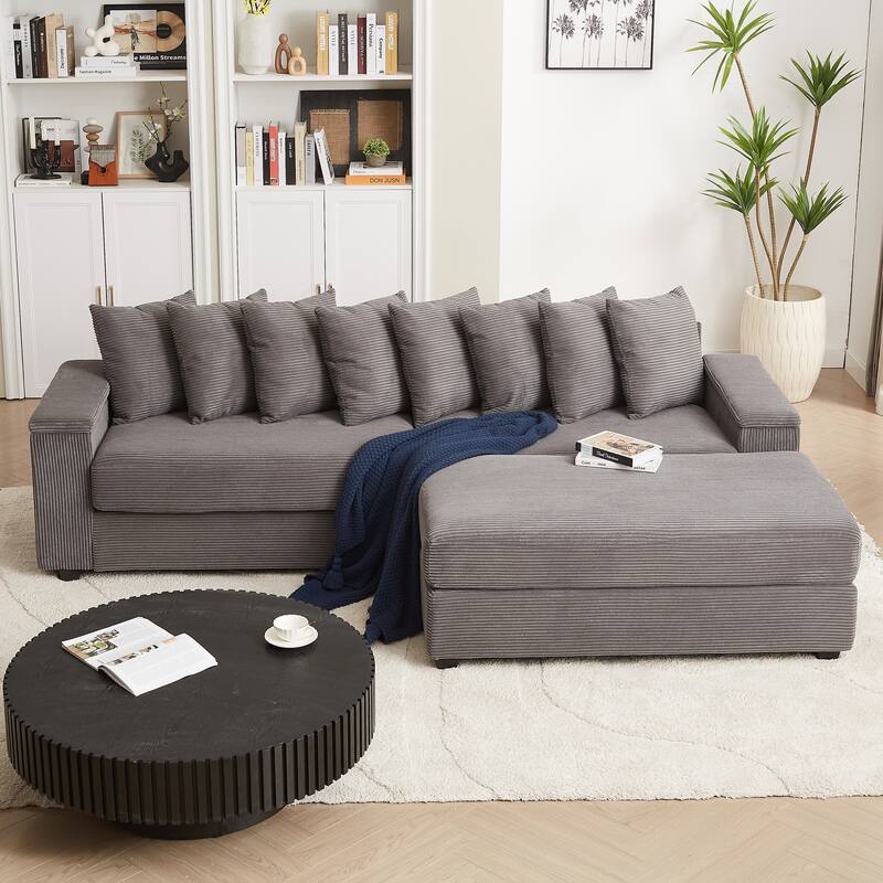 GDFStudio - Peregrine L-Shaped Corduroy Sectional Sofa with Pillows and Armrest Storage