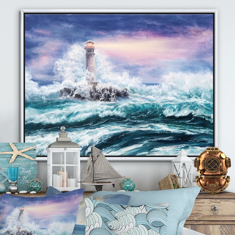 Designart "Lighthouse Wild Blue Ocean Waves" Nautical & Coastal Framed Canvas Wall Art Print - 32 In. Wide x 24 In. High - White