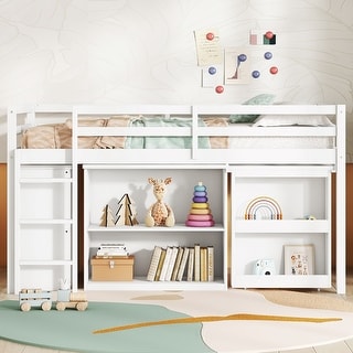 Twin Loft Bed w/ Stroage Case & Drawer Cabinet, Shelf Cabinet, Pulling - Out Desk, Rubber Wood Loft Bed w/ Ladder, White