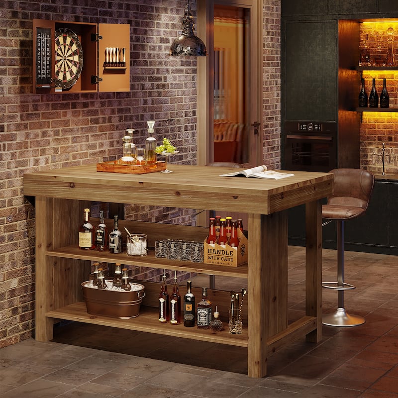 Solid Wood Bar Table, Open Storage Counter Height Pub Dining Table, Kitchen Dining/Living Room Basement Accent Bar Unit