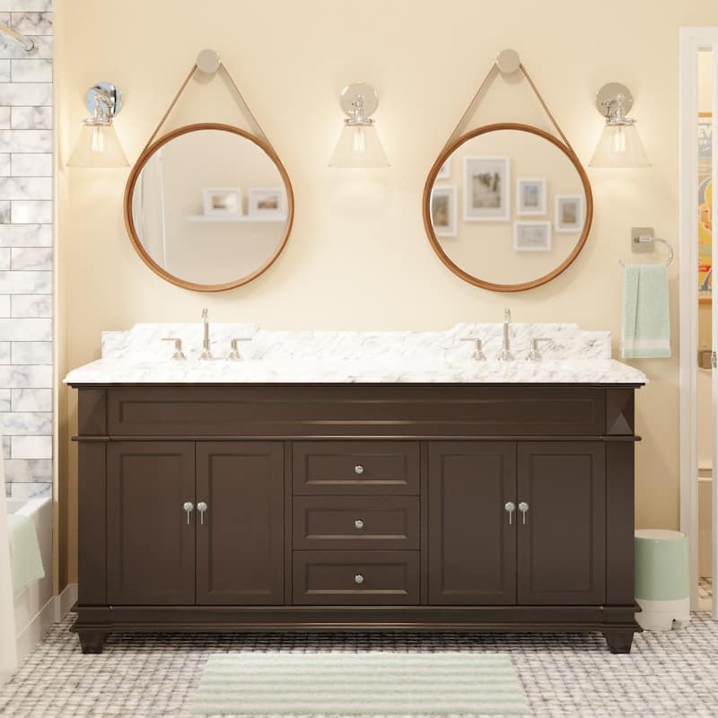 KitchenBathCollection Elizabeth 72" Double Bathroom Vanity with Carrara Marble Top - Chocolate